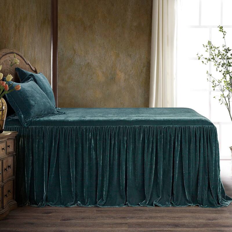 HiEnd Accents Stella Faux Silk Velvet Ruffle Skirt 3 Piece Bedspread Set with Pillow Shams - Storm Blue - King