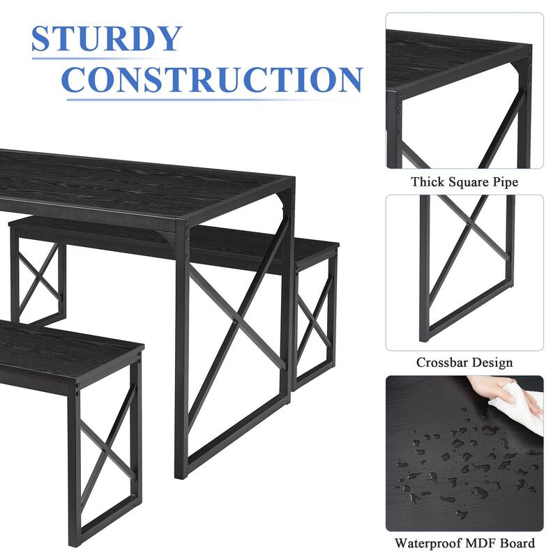 VECELO 3-pieces Dining Table with Bench, Dinning Room Table Set for 4-6, Kitchen Table with 2 Benches Dining Table Set