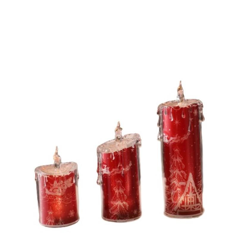 3-Piece Santa With Sleigh LED Flameless Candle Lights 9.5" Red Clear
