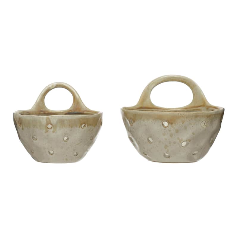 Stoneware Colanders with Handles - 7.9"L x 6.5"W x 5.4"H - 7.9"L x 6.5"W x 5.4"H - Beige - 2 Piece
