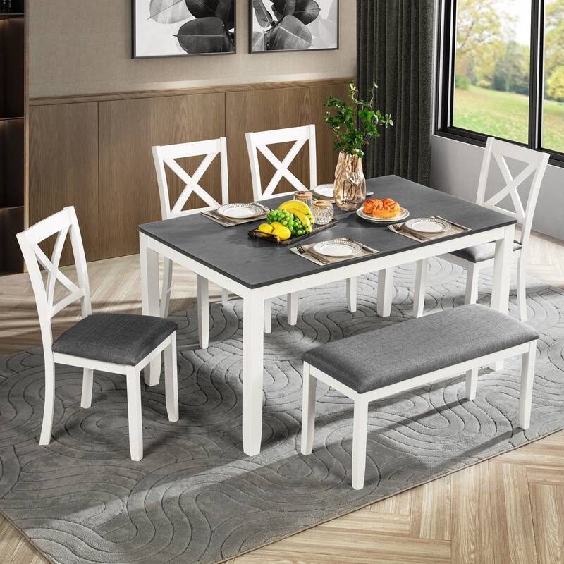 6-Piece Dining Table Set with Bench, Wood Dining Table Set for 6, Modern 6-Person Dining Table Set - White+gray