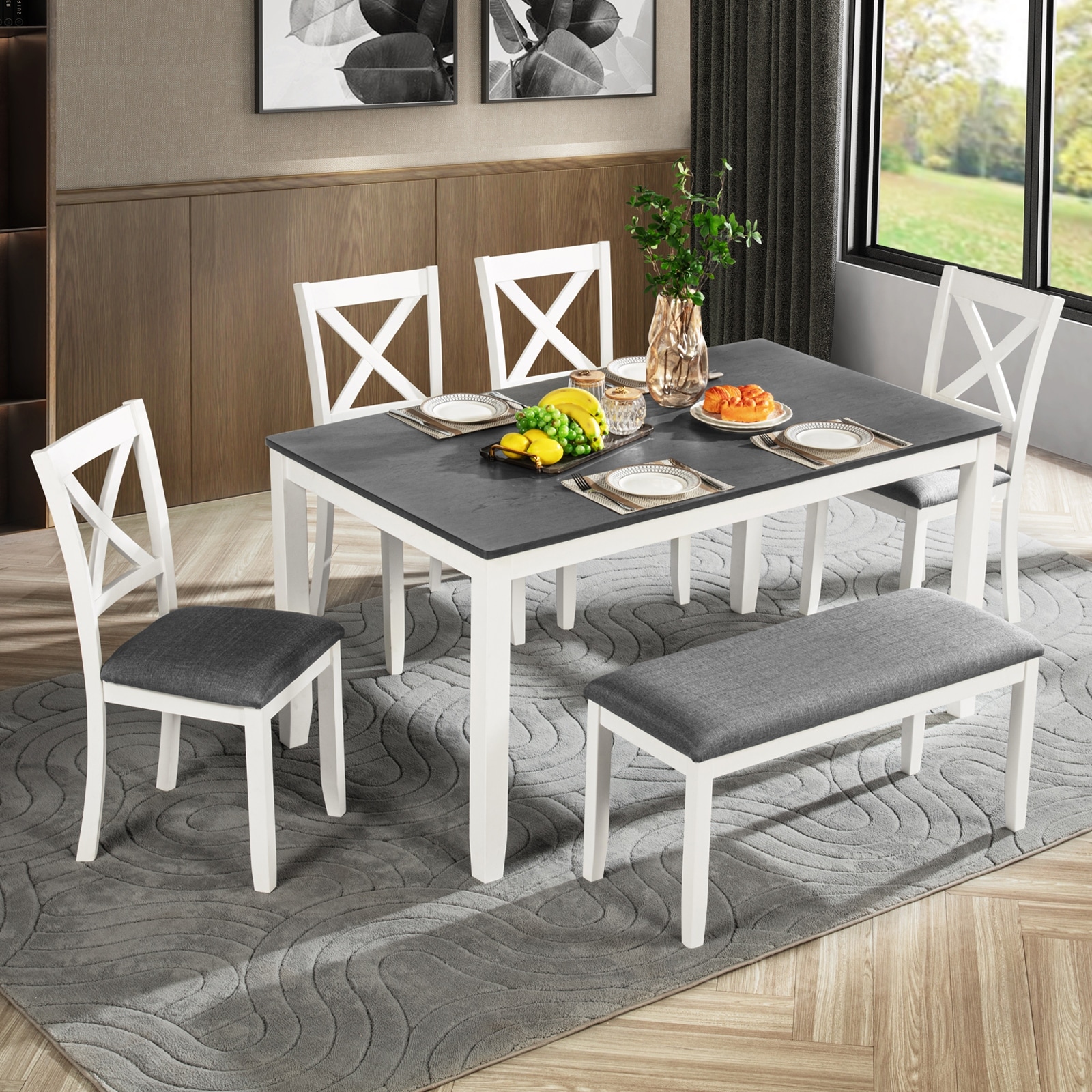 GDFStudio - Dalton 6-Piece Transitional Wooden Dining Table Set with 4 Upholstered X-Back Chairs and 1 Bench