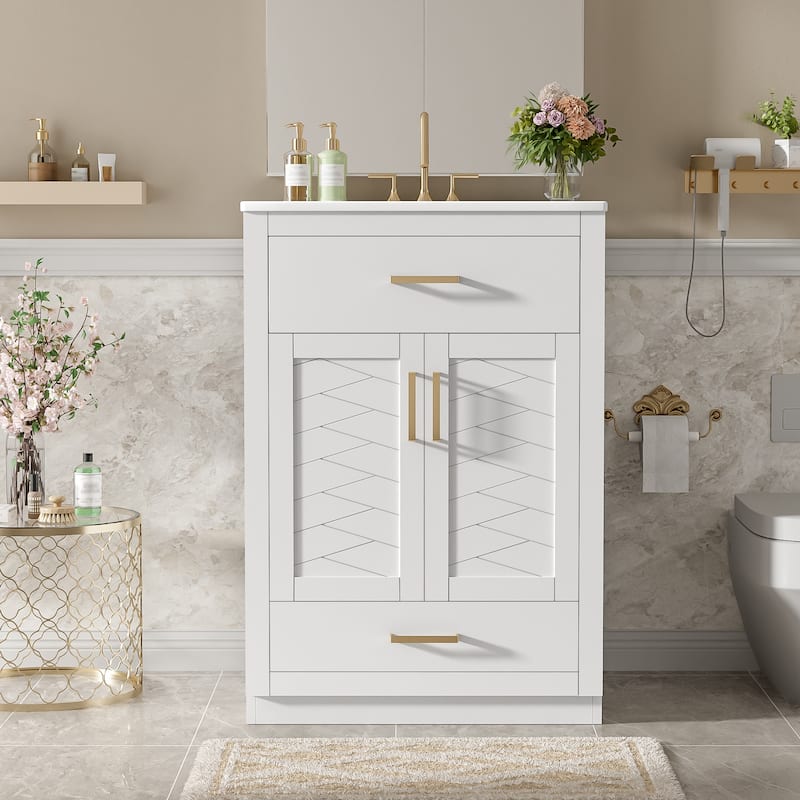 Floor Standing 24" Bathroom Vanity for Small and Medium Restroom, Integrated Ceramic Sink Bathroom Storage Cabinet