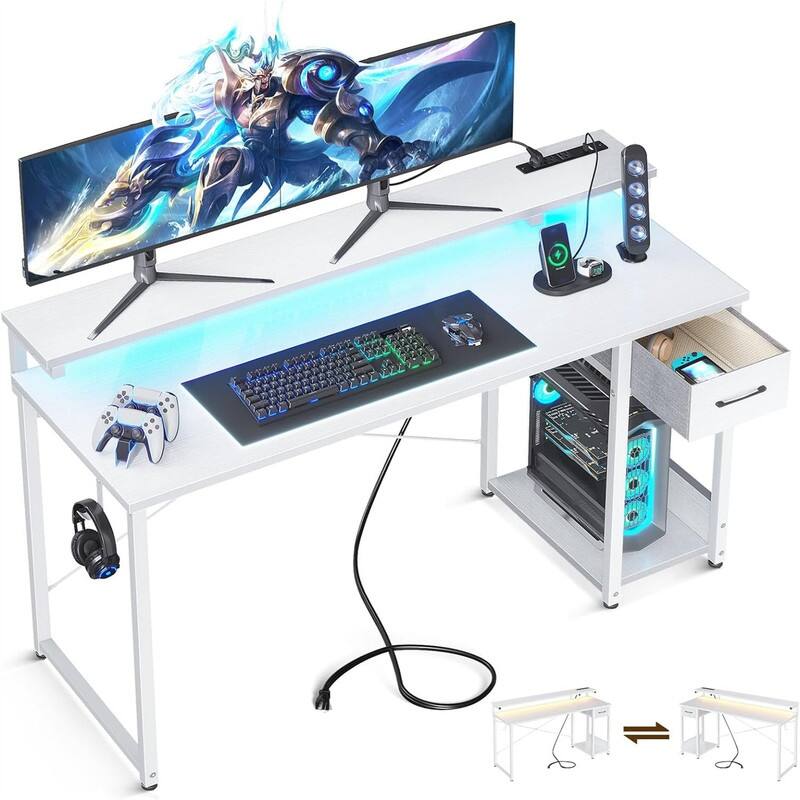 Computer Desk with Power Outlet - 19.69"D x 55.12"W x 29.92"H - White