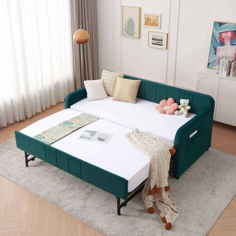 Twin Daybed with Trundle, Upholstered Velvet Frame, Space Saving Daybed Bed for Guest Room