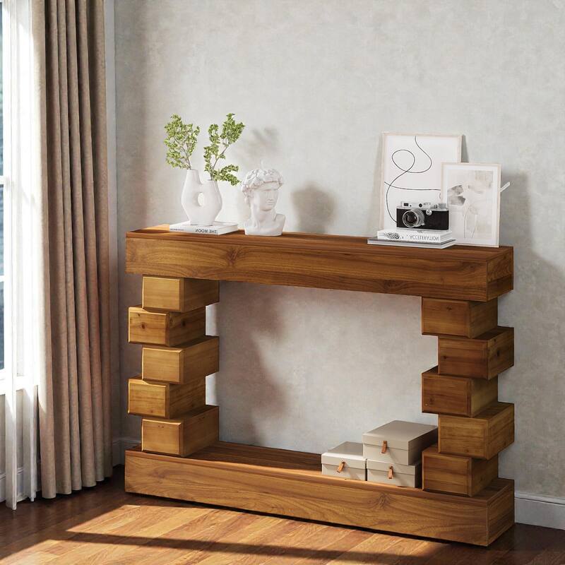 47" Geometric Block Stacked Wood Console Table with Warm Natural Finish, Modern Entryway & Living Room Accent Table