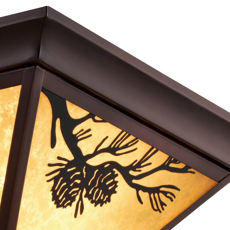 Douglas Warm Bronze Rustic Outdoor Flush Mount Ceiling Light Pine Cone Motif Amber Glass - 14-in W x 7-in H x 14-in D