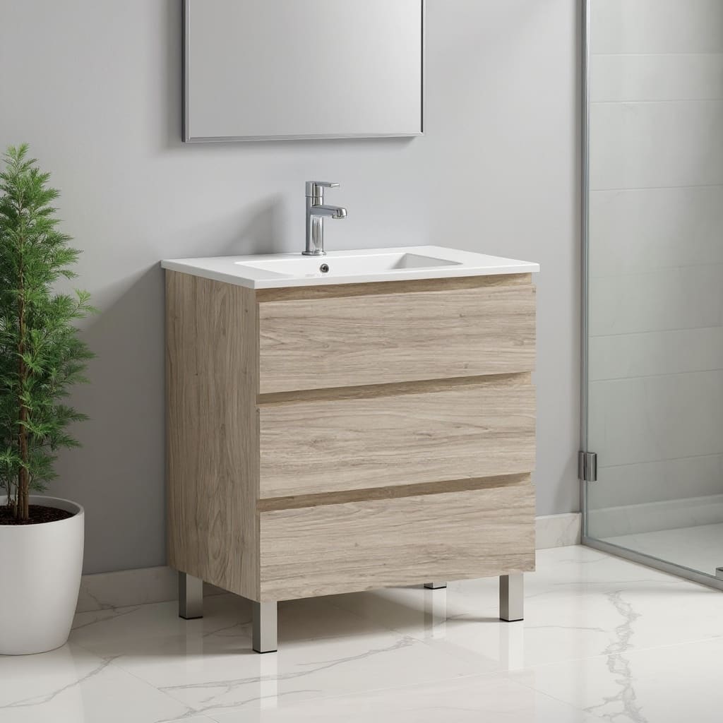 HomeRoots 24" Natural Wood Freestanding Bathroom Vanity With White Sink And Three Drawers - 24.00 in. x 33.12 in. x 18.10 in.