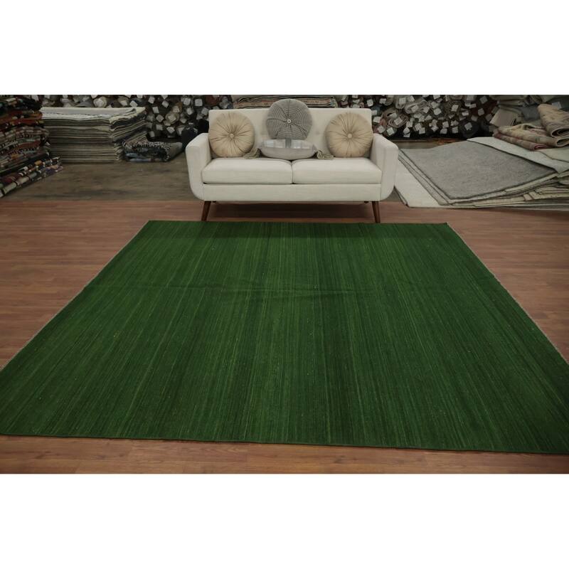 Hand Woven Oriental 100% Wool Carpet Modern Solid Green Kilim Area Rug - 8' 1'' X 8' 3''