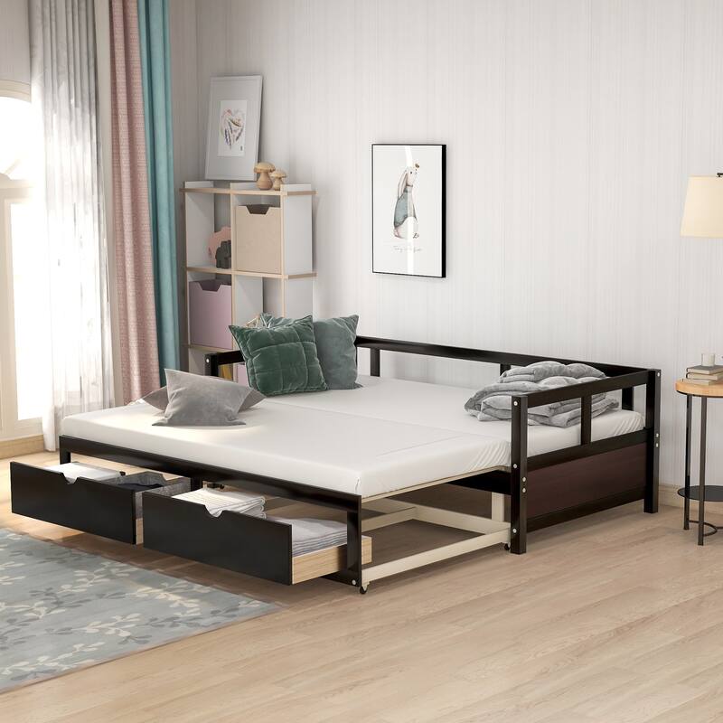 Expandable Twin to King Daybed with Storage, Trundle, and Solid Pine Wood Frame, Easy Assembly