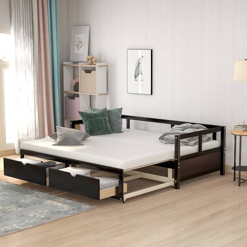 Twin to King Wood Daybed with Trundle and Drawers