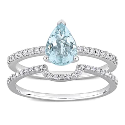 Miadora Pear-cut Aquamarine and 1/4ct TDW Diamond Teardrop Bridal Ring Set in 14k White Gold