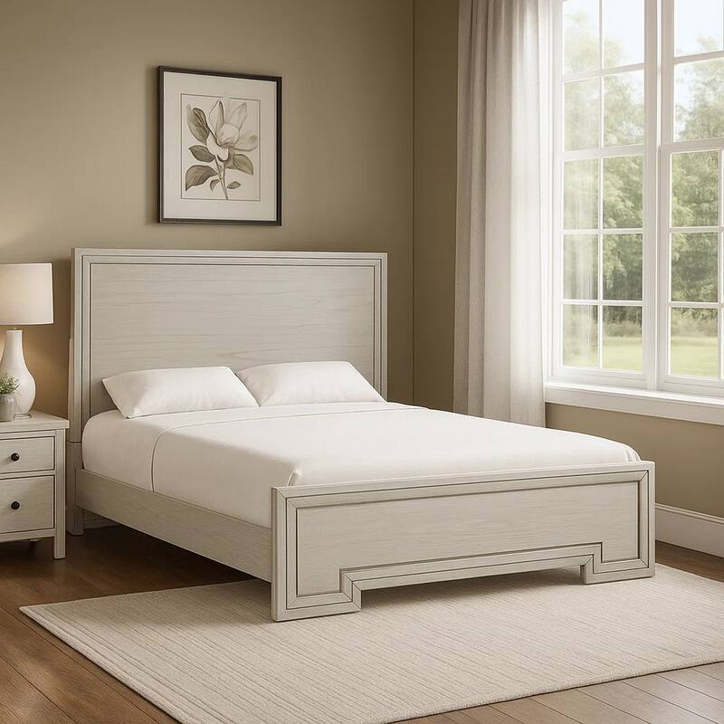 Basil King Size Bed, Rustic White Solid Wood, Transitional Panel Design