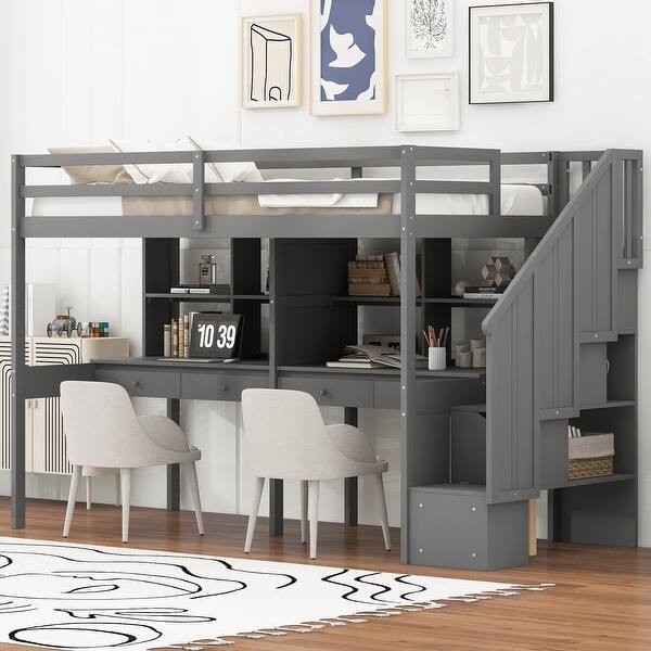 slide 2 of 10, Twin Size Loft Bed with Double Desks, Kids Wood Loft Bed Frame with Storage Staircase and Shelves, Bedroom Furniture,Grey Grey - Twin