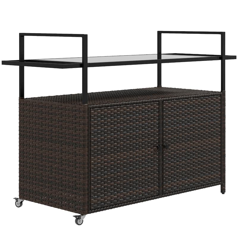 Outsunny PE Rattan Outdoor Bar Table, Outdoor Kitchen Island with 2-Tier Shelf & Cabinet, Patio Serving Cart