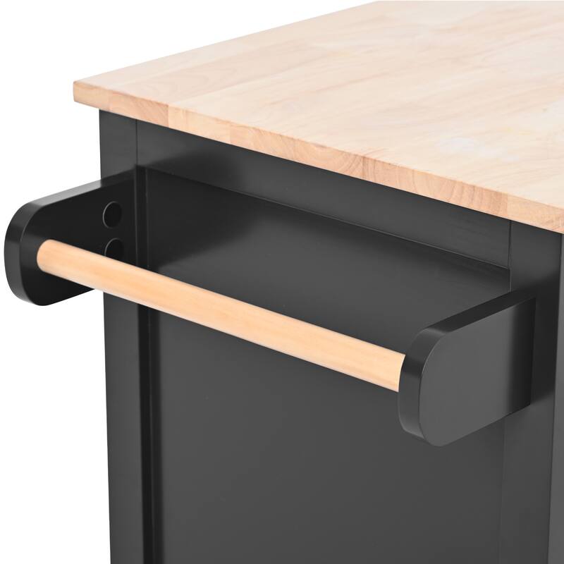 Kitchen Island with 8 Handle-Free Drawers, Rubber Wood Top, Flatware Organizer & 5 Wheels for Storage & Organization