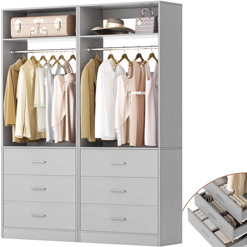Kyrvo Freestanding Closet Sytem with 3 Wooden Drawers and Hanging Rod and Storage Shelf, Walk-in Closet Organizer Wardrobe