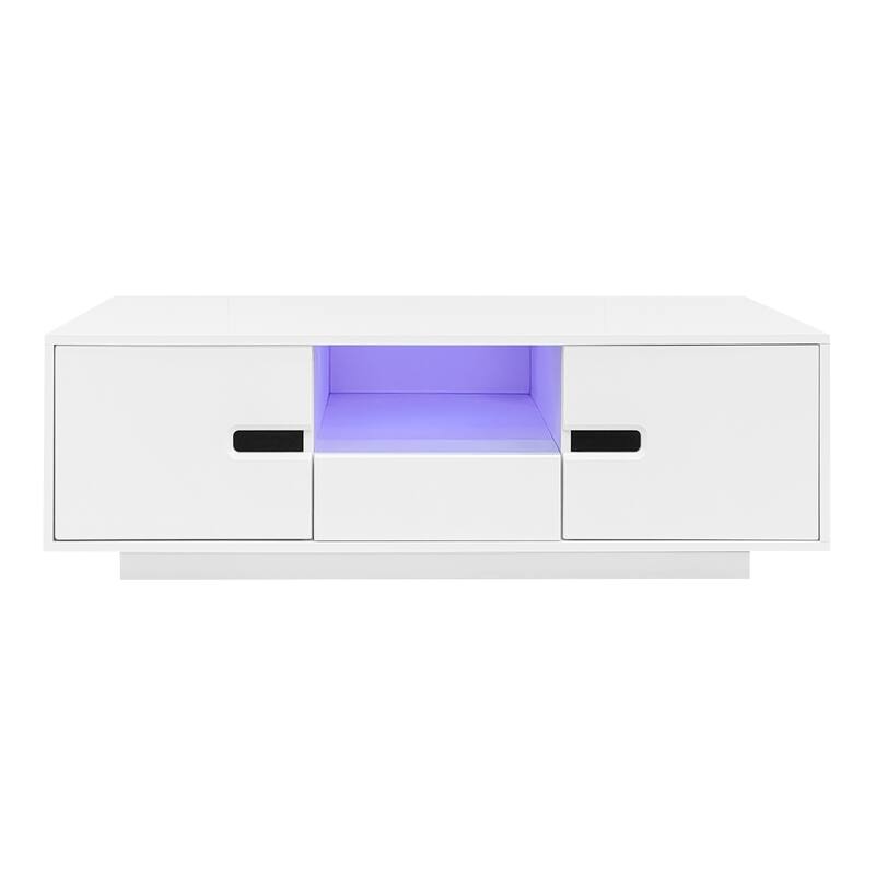 Roomfitters Modern Glossy Coffee Table with Storage Space and Light Accent, Rectangle Center Table for Living Room