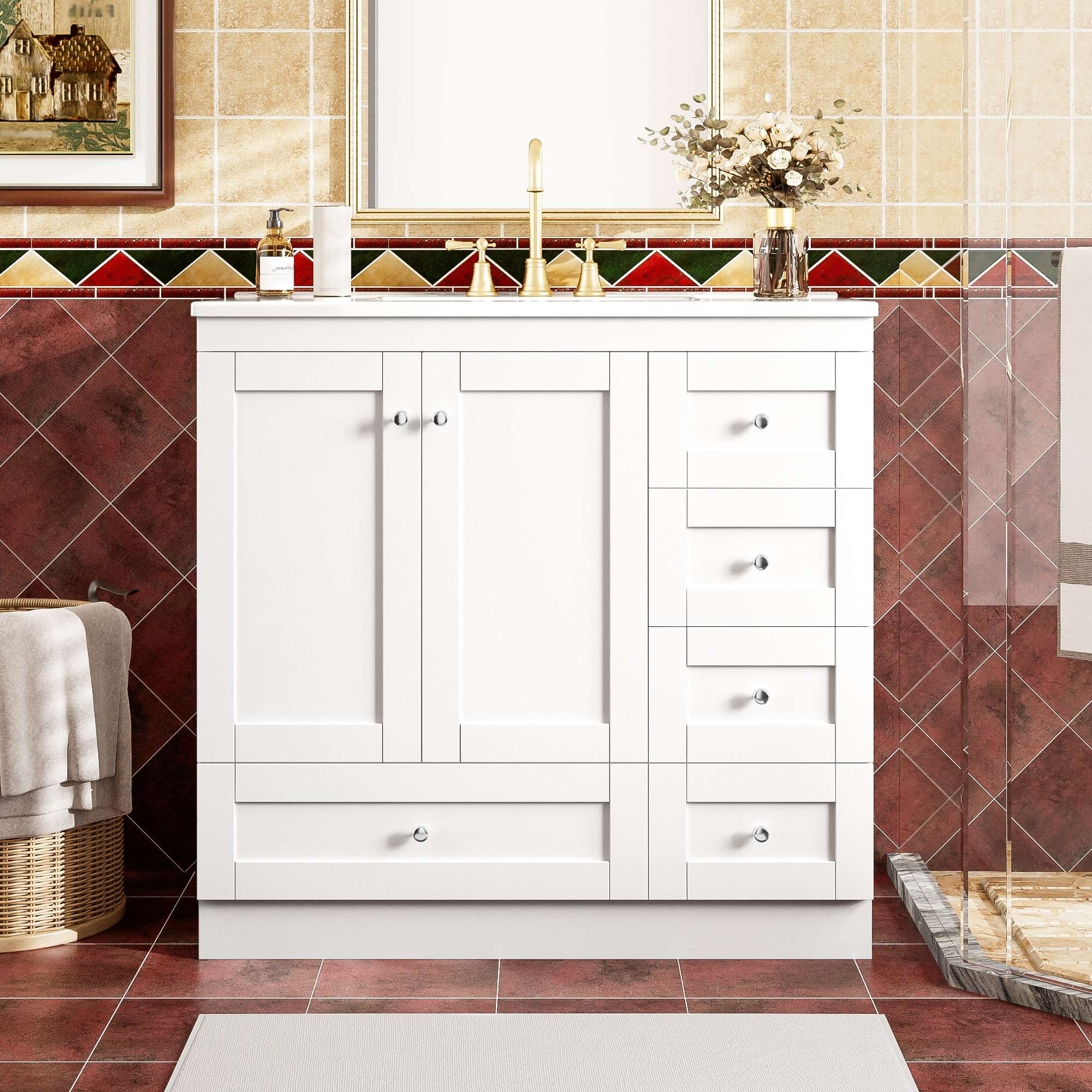 36 Inch Shaker Style Bathroom Vanity Cabinet with Ceramic Sink and Storage