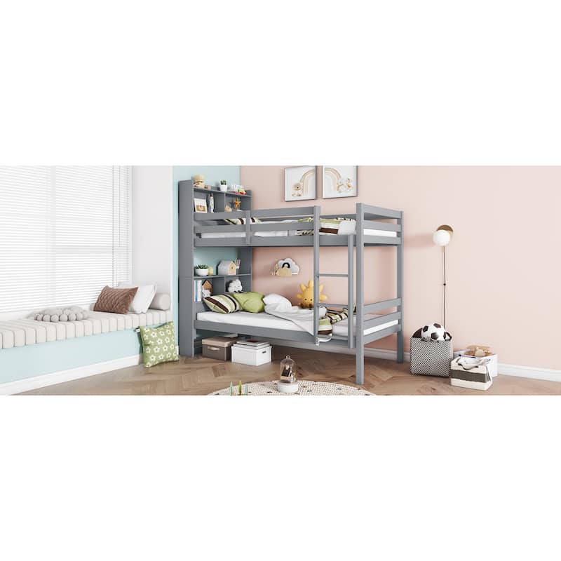 Roomfitters Twin Over Twin Rubber Wood Bunk Bed with Shelves Headboard, Convertible Design, Ladder and Safety Guardrails