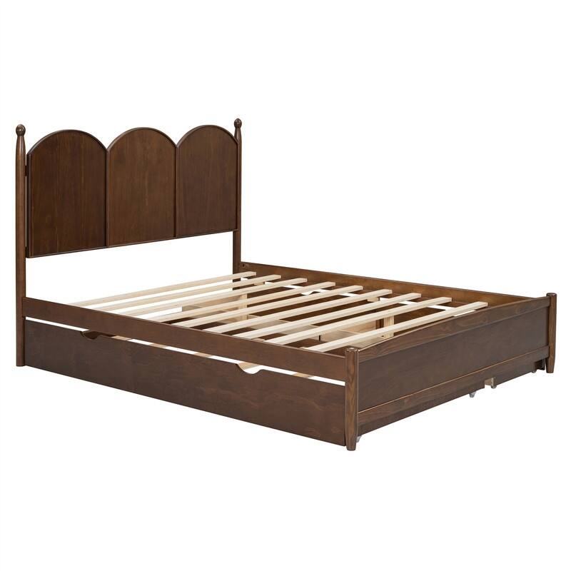 Queen Size Platform Bed with Twin XL Trundle and 2 Big Drawers, Wooden Bed Frame with Headboard and Slats Support