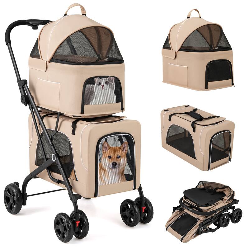 Gymax Double Pet Stroller for 2 Dogs or Cats w/ 2 Detachable Carriers - Beige