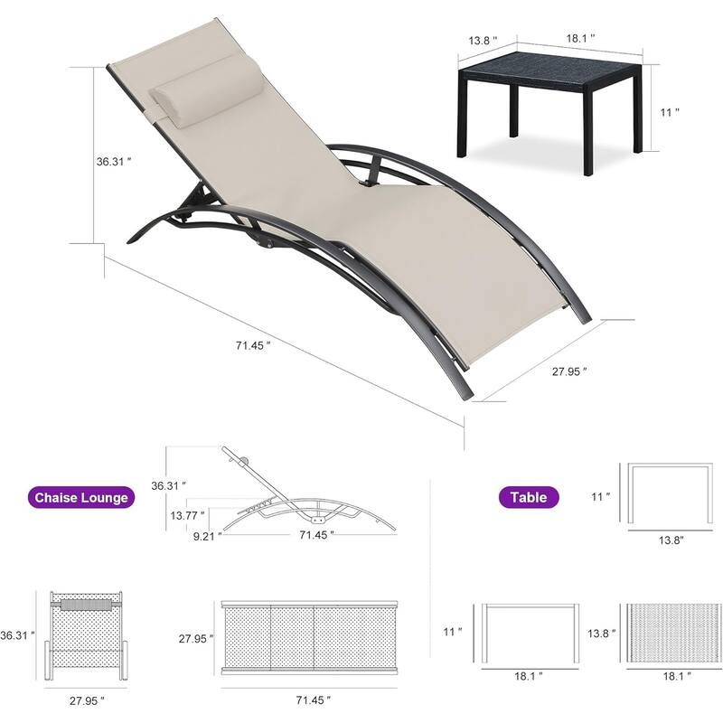 PURPLE LEAF Patio Chaise Lounge Set Outdoor Beach Pool Sunbathing Lawn Lounger Recliner Chair Side Table Included