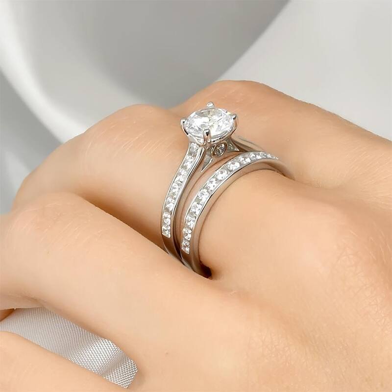 Womens Genuine 2.0 Carat CZ Wedding Band Engagement Ring Set Silver