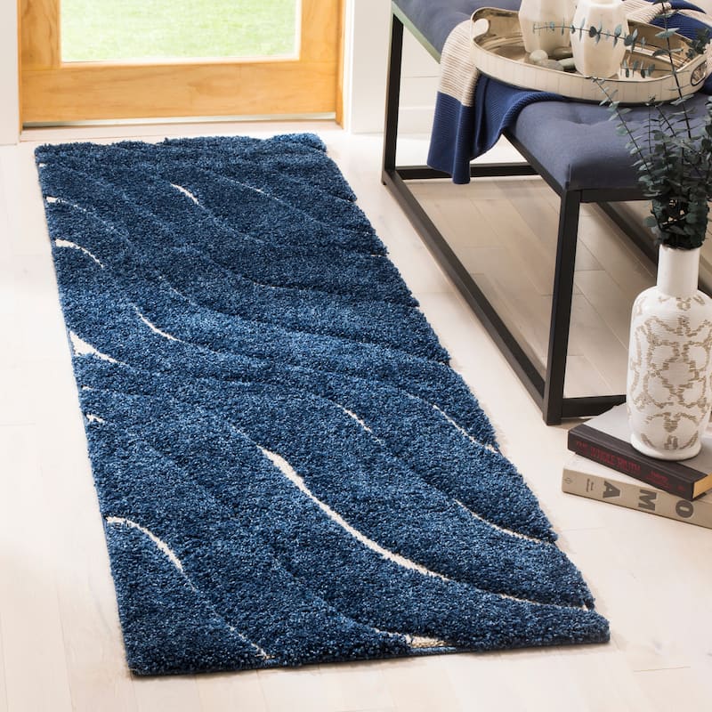 SAFAVIEH Florida Shag Hervor Soft Serene Waves 1.2-inch Thick Rug - 2'3" x 4' - Dark Blue/Cream - Rectangle