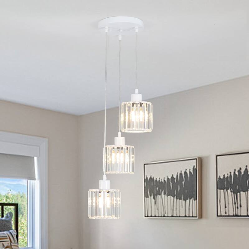 3-Light Modern Metal Hanging Pendant Light Ceiling Light Chandelier with Crystal Cover for Kitchen Island - White