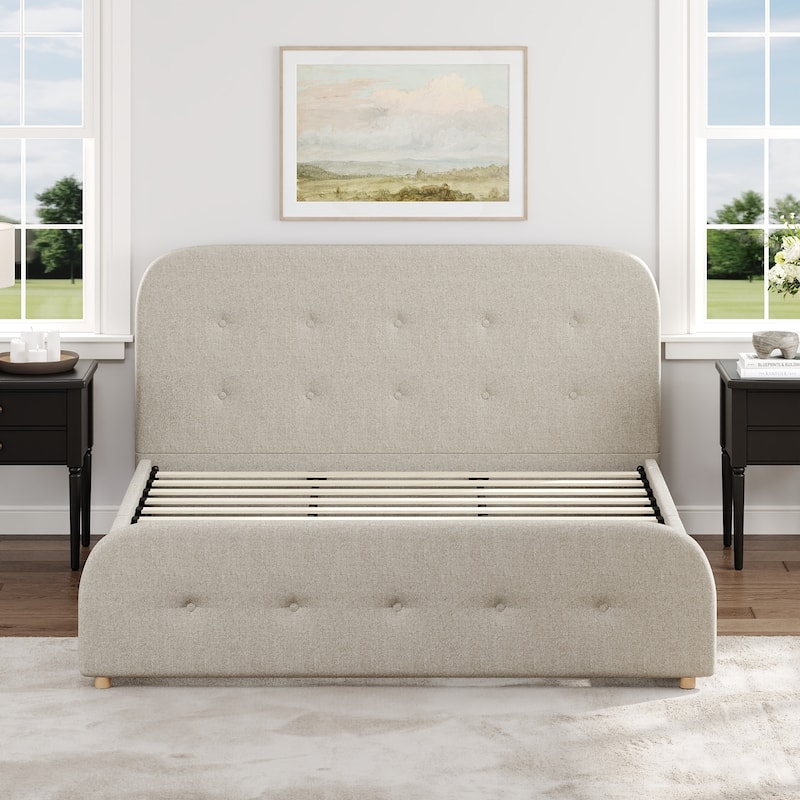 King Size Beige Linen Upholstered Platform Bed Tall Tufted Headboard & High Footboard Minimalist Storage Bed Frame w/Drawers