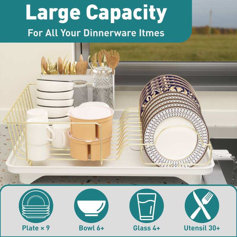 Dish Drying Rack for Kitchen Countertop, Gold Stainless Steel Dish Drainer with Drain Board, Utensil Holder & Anti-Slip Feet