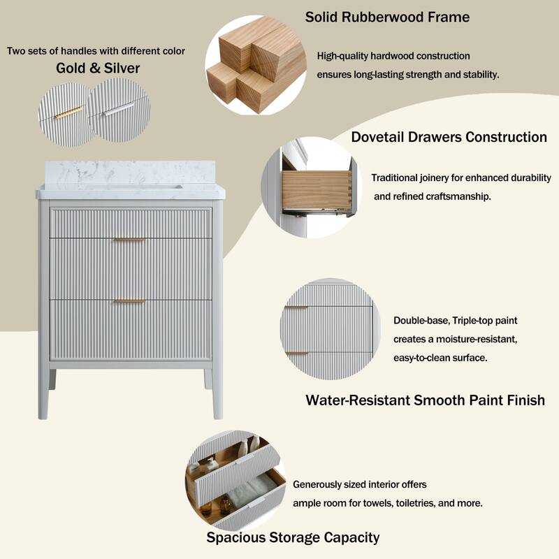 Modland 30" Freestanding Bathroom Vanity with Carrara Marble Top - Soft-Close Drawers,Green / Grey - 30 inch