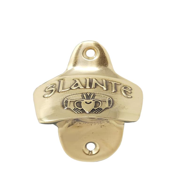 Brass Wall Bottle Opener 3.25” x 2.5” with Irish Gaelic Slainte and Heartwarming Claddagh Symbol - 3.25”H x 2.5”W