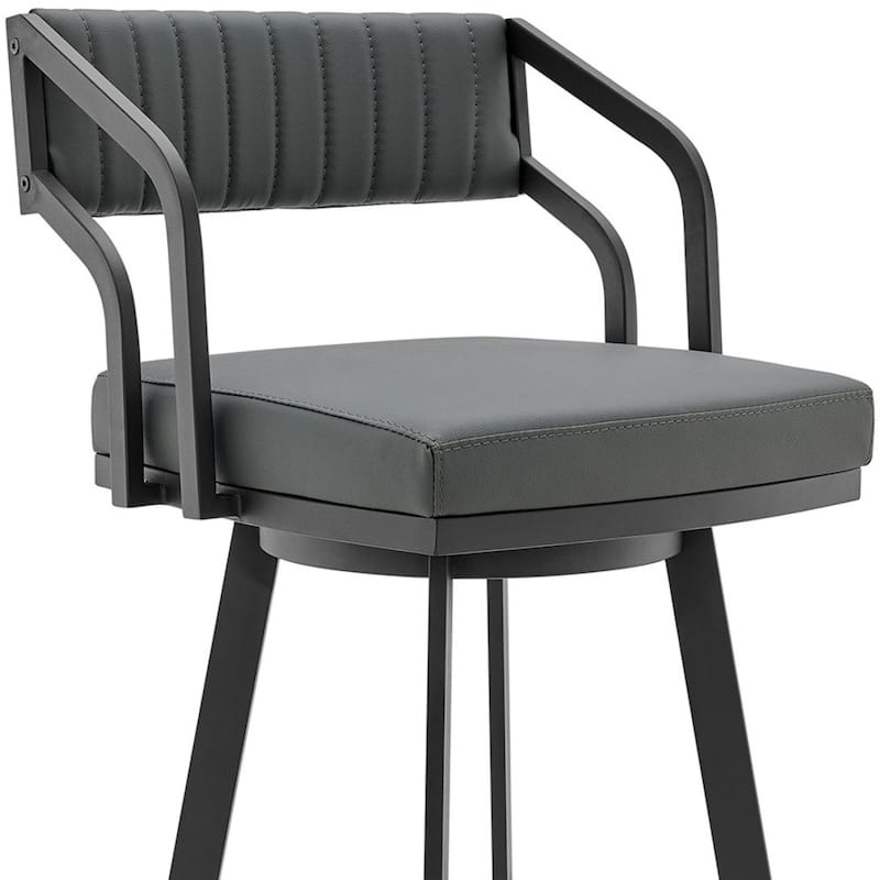 26" Grey Swivel Counter Height Faux Leather Seat Bar Stool with Arms and Low Back and Black Iron Frame - 36”H x 21”W x 22”D