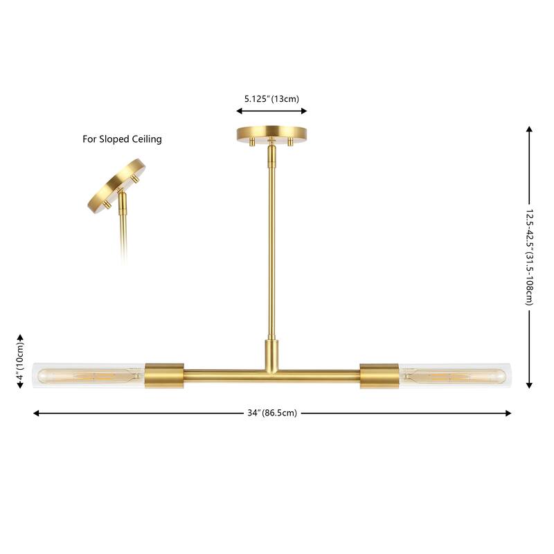 SAFAVIEH Lighting Gatienne 2 Light 34" Pendant - 34" x 5" x 13-43" - withD/H - Brass/Clear - 34Wx5Dx43H