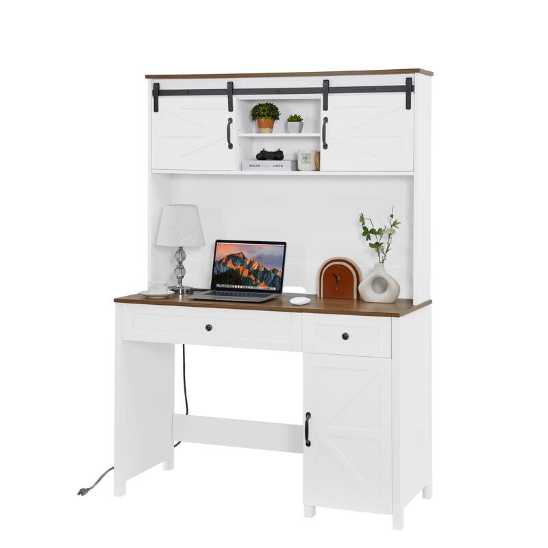 47" Farmhouse Executive Desk with Drawers, Wood Home Office Desk w/Charging Station, File Drawer, Storage Cabinet