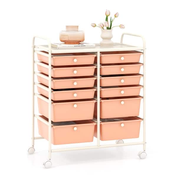 slide 2 of 10, Gymax 12-Drawer Rolling Storage Cart w/ 2 Sizes Plastic Drawers Skin Pink - Metal Finish