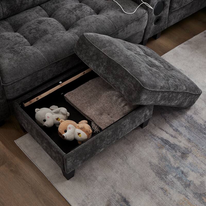 126" U-Shaped Sectional Sofa with Storage Ottomans & Bluetooth Speakers - Modular Couch with LED Lights, Console