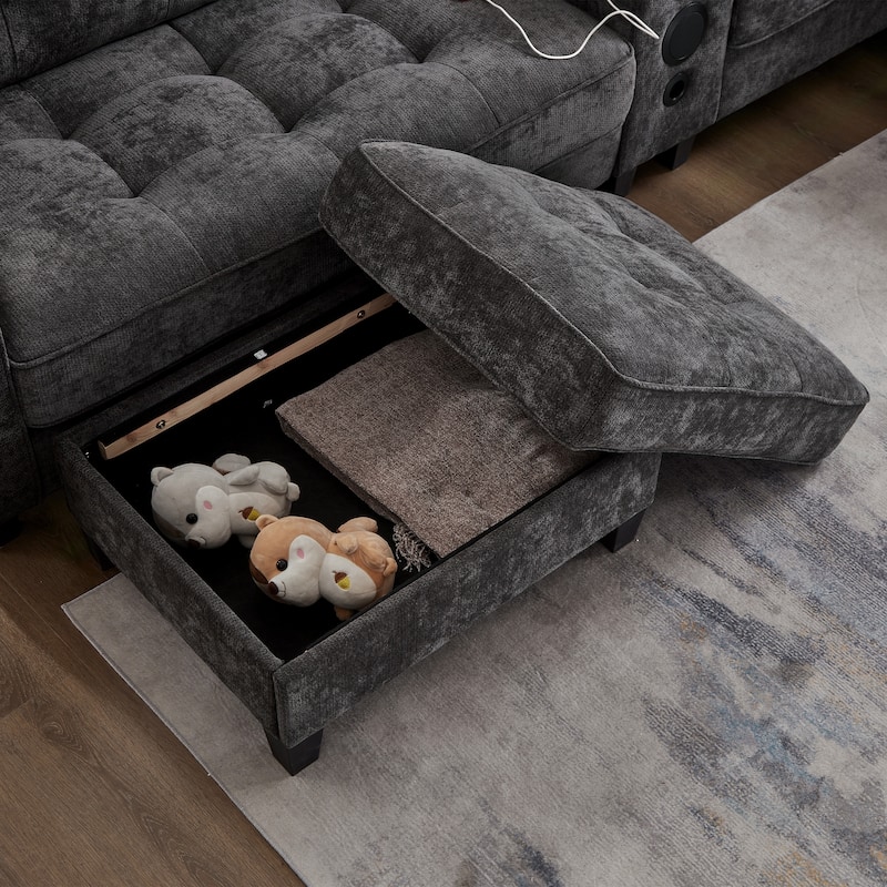 Modular U-shaped Sectional Sofa Couch with Movable Storage Ottomans, Multifunctional Console, Bluetooth Speakers and LED Lights