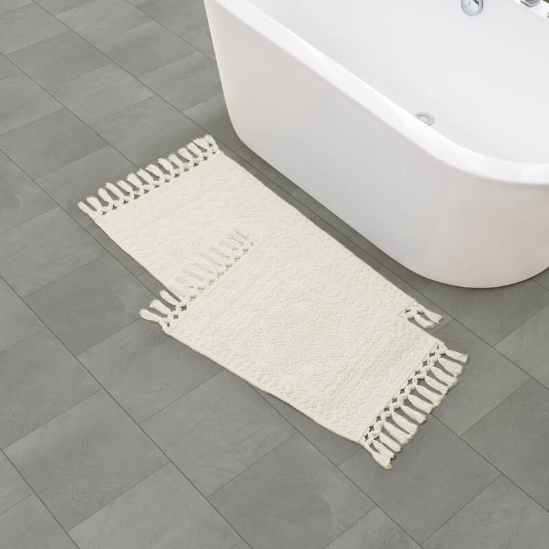 French Connection Nellore Fringe Cotton Bath Rug - 17x24/20x34 - Ivory