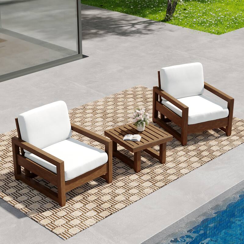 3-Piece Teak Wood Chair Outdoor Patio Conversation Set with Table