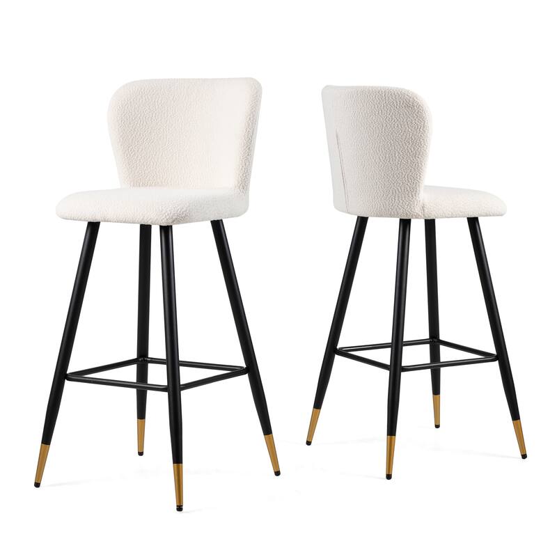 Set of 2 Bar Height Chairs Smooth Lines Barstools with Ergonomic Curved Backrest, Black Metal Legs and Gold Tipped Ends