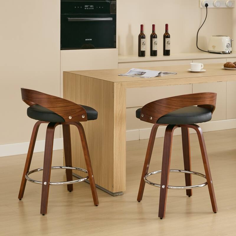 GDF Studio - Halden Mid-Century Swivel Wood Bar Stools with Soft Cushion Seat (Set of 2)