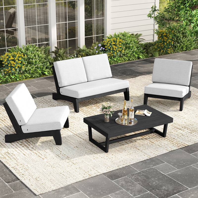 4Piece Wood Outdoor Loveseat Chair Conversation Set with Table Cushion - Dark Wood - Beige
