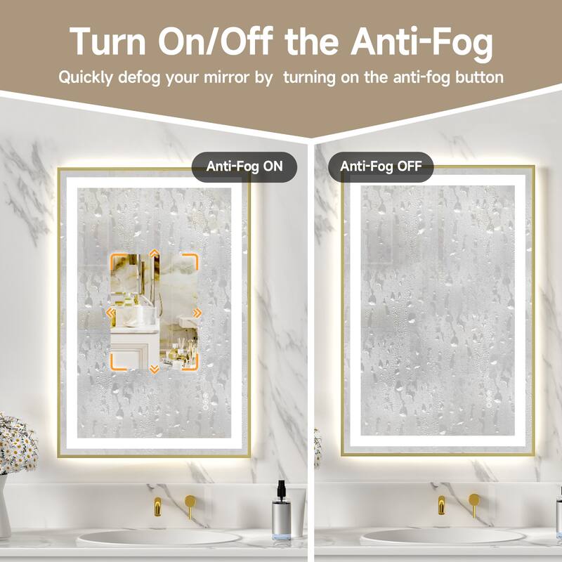 Gold Metal LED Vanity Mirror with Tempered Glass, Defog and Dimmable Lights - 36” W x 24” H