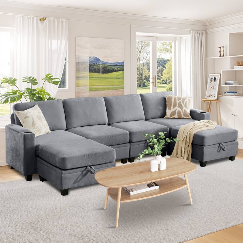 Chenille Sectional Sofa, Hidden Storage & Modular Design