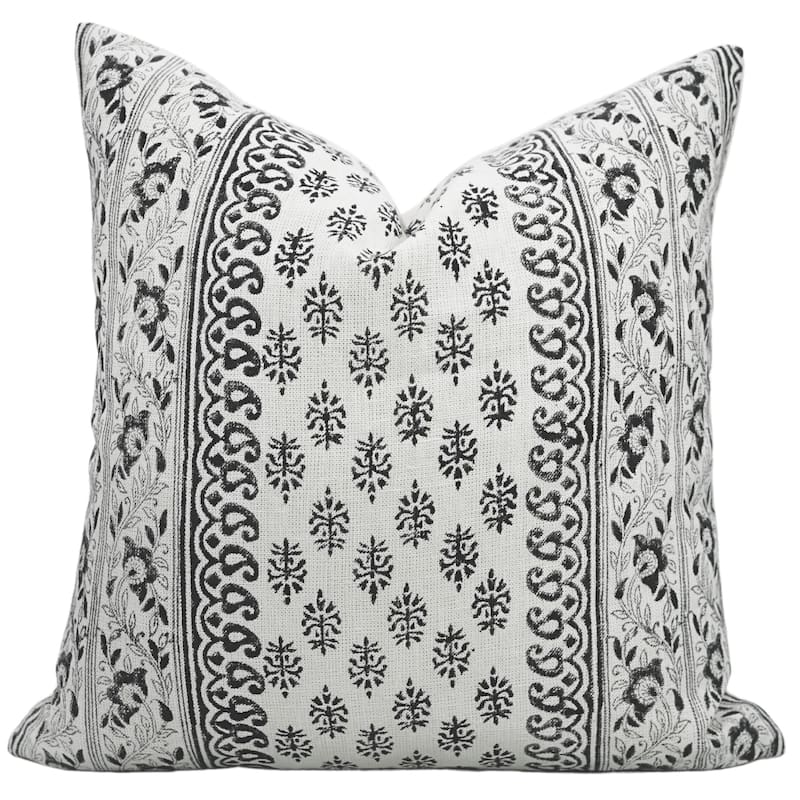 Linen Farmhouse Block print pillow Cover Flower Buta - Pillow Covers - 20" x 20"