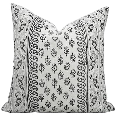 Linen Farmhouse Block print pillow Cover Flower Buta