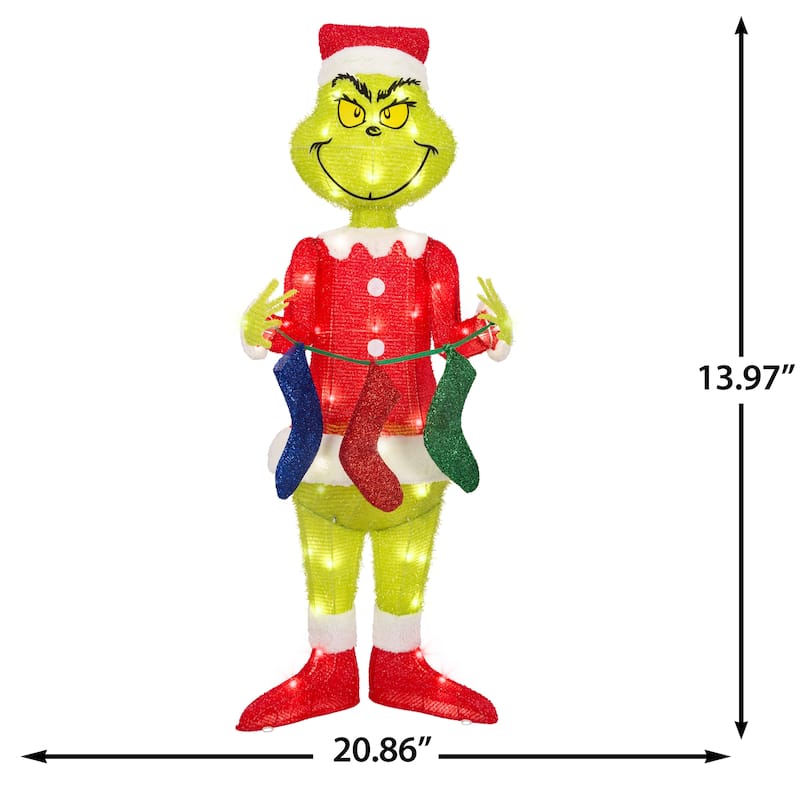 3D Holiday Lighted Tinsel Sculpture-The Grinch w/Stockings-4ft-Dr. Seuss